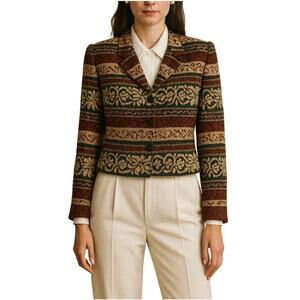 Jones New York Petite Silk Blazer 8P Green Brown Vintage Heritage Style